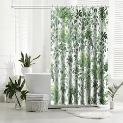 Tropical Green Leaves Plant On White Background Odorless Shower Curtains For Bathroom Showers And Bathtubs Decor With Hooks