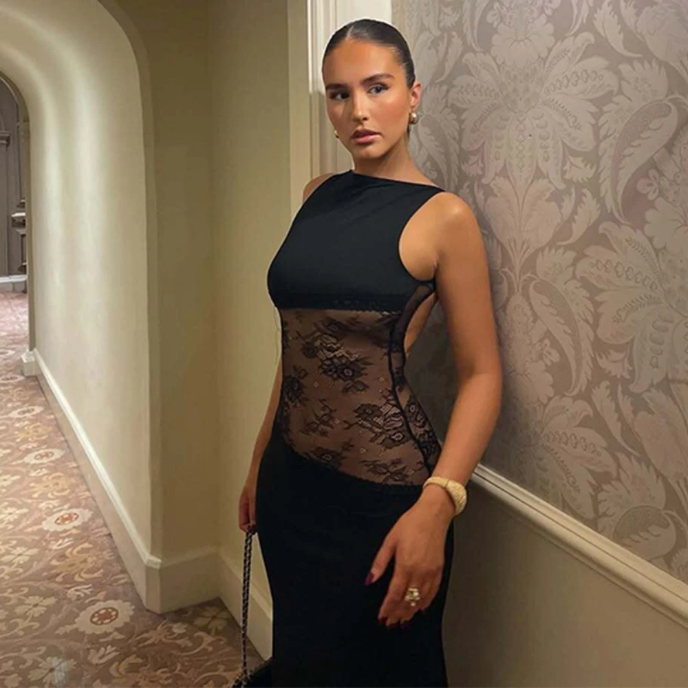 Elegante kanten uitgesneden maxi-jurken voor dames, sexy spaghettibandjes, patchwork, vakantie, feestjurk, zomer, rugloze lange slanke jurk