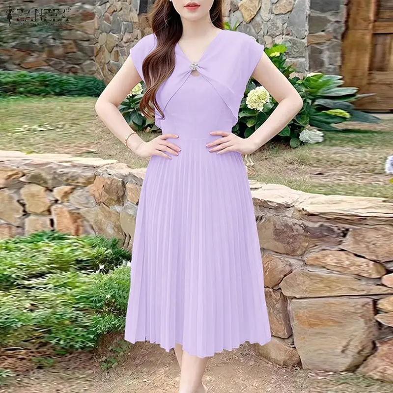 Elegantes Damen-Midikleid mit mehrlagigem Design, V-Ausschnitt, Flügelärmeln, einfarbig, plissiert, A-Linie, Sommerkleid, anmutige Ausgehkleider für Damen