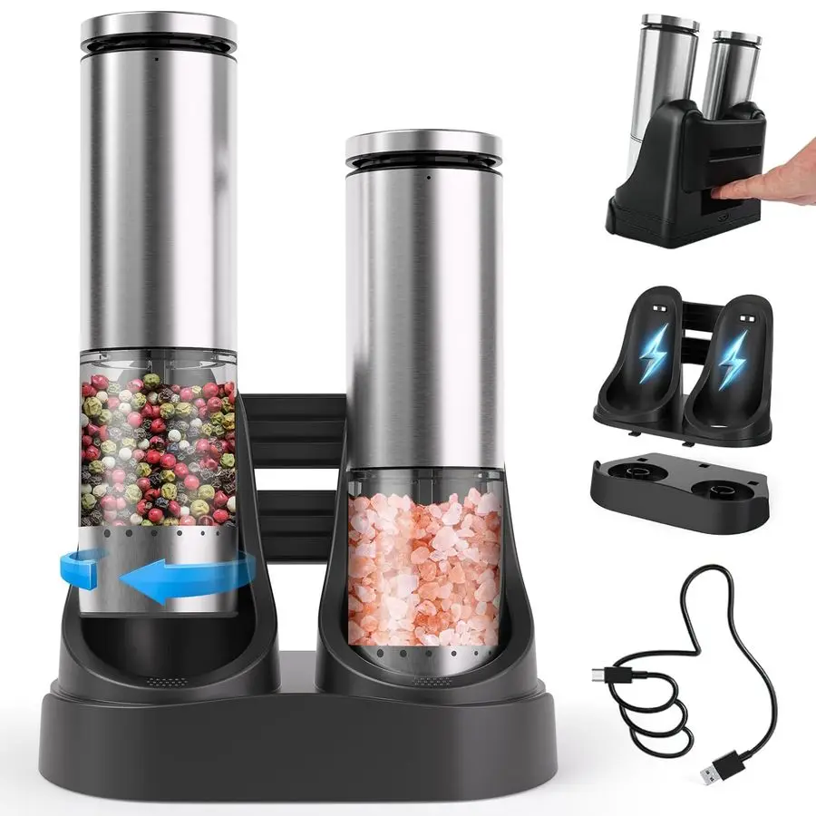 

Набор автоматических электрических мельниц для соли и перца с зарядной базой и внешней регулировкой степени помола