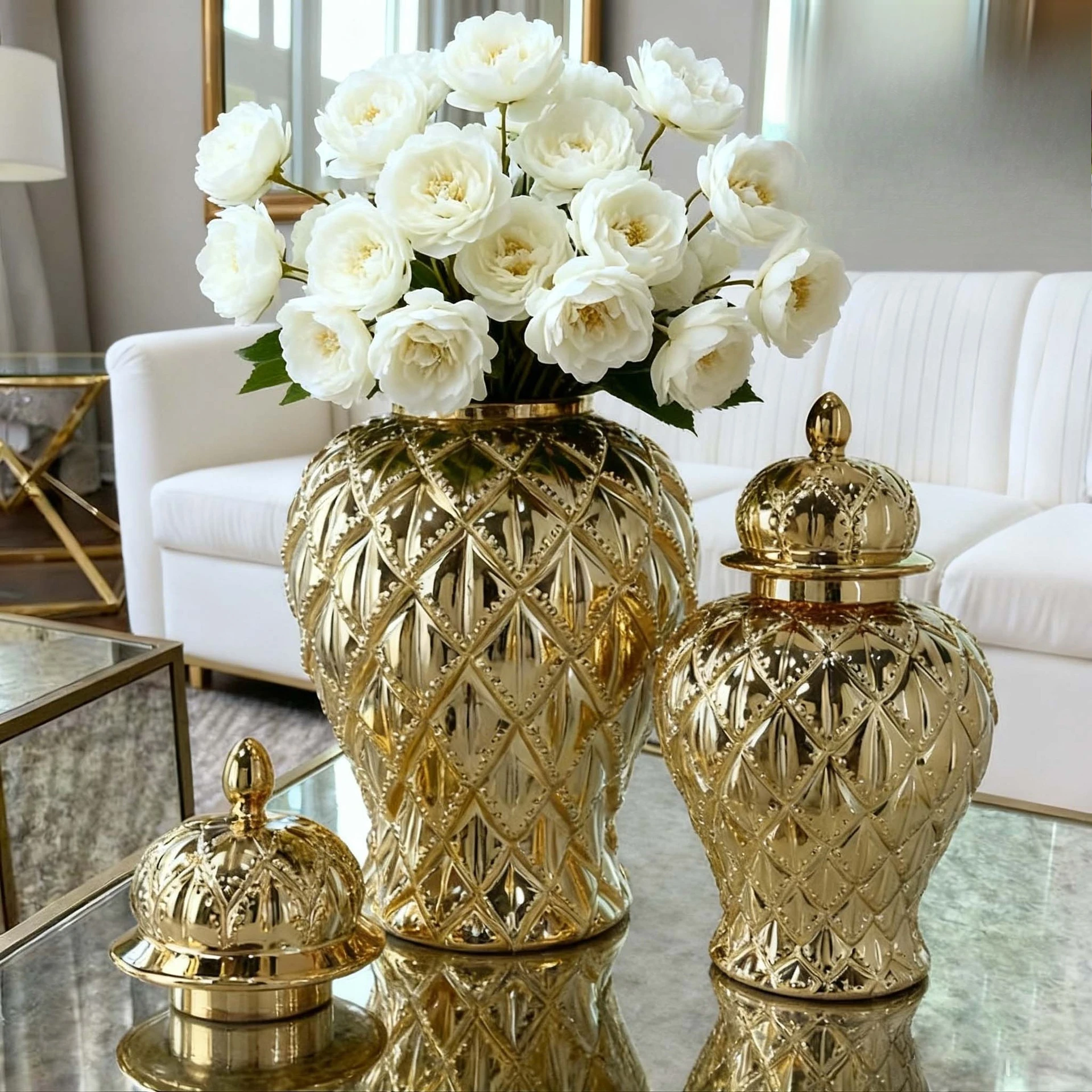 Electroplated ceramics advanced simulation large decorative vase decoration flower arrangement handicraft flower device