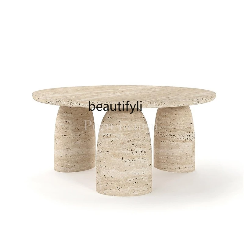 

Cream wind natural Roman cave stone round coffee table designer light luxury villa simple living room high-end coffee table