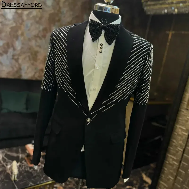 

Black Formal Men Business Silver Crystal Occasion Tuxedos Grooms Wedding Party Prom Male Suit 2 Piece Set Blazer Pants