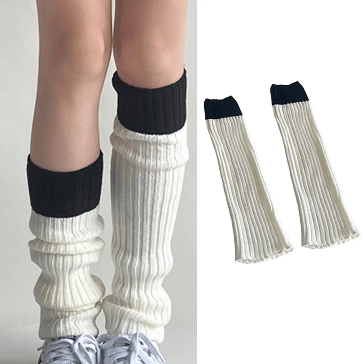 1 Pair Women Knitting Stretchy Leg Warmer Autumn Winter Lolita Contrast Color Thermal Long Socks Foot Cover Cute Girl Stockings