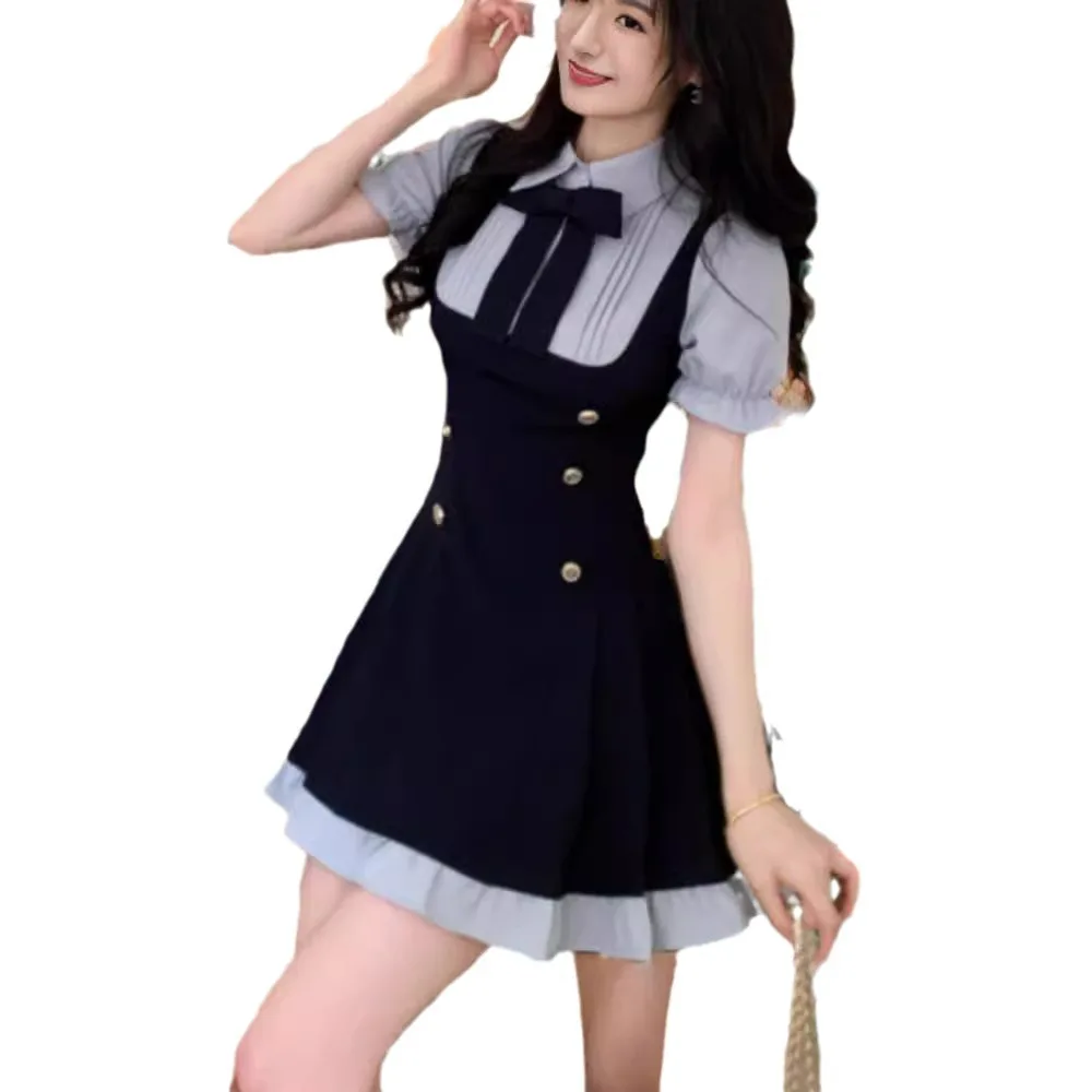 2024 spring/summer new preppy style super good-looking fake two puffed sleeves and suspenders slimming short dress