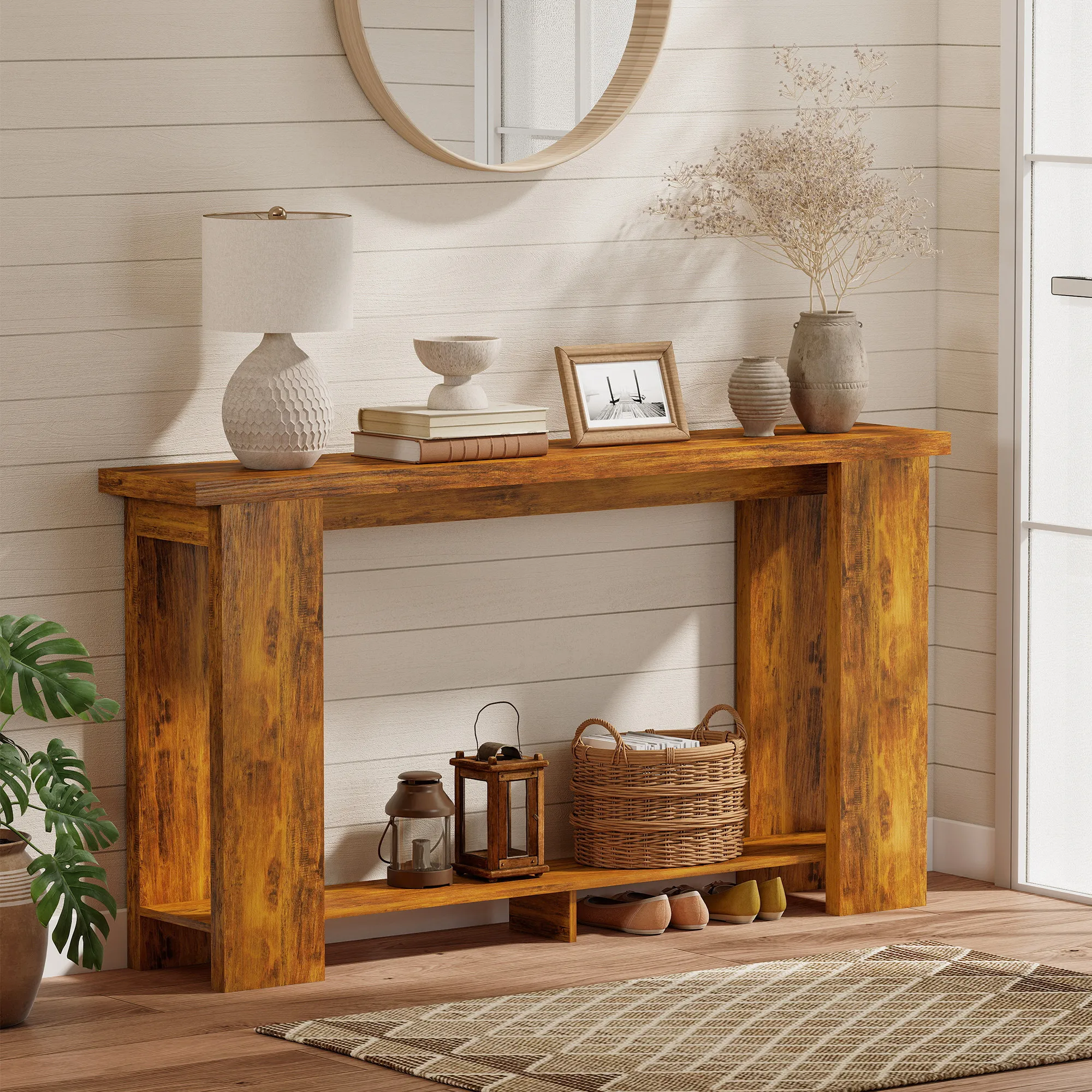 Wooden Entryway Table, Long Narrow Console Table with Storage Shelf, Farmhouse, Thick Tabletop, Behind the Couch, Easy Assembly, 63" x 11.8" x 33.5", for Hallway, Living Room, Distressed Brown view 3
