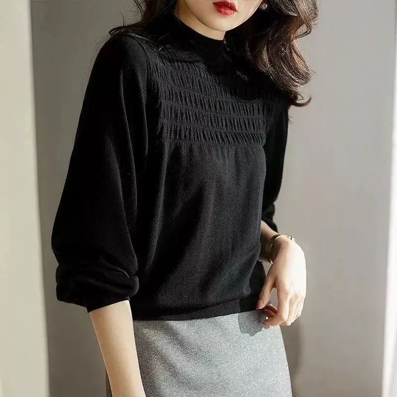 2023 Autumn and Winter Women's Youth Lantern Sleeves Long Sleeve Thin Loose Comfortable Versatile Knitted Bottom Shirt