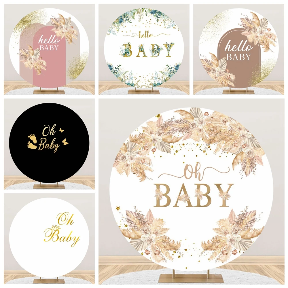 Oh Baby Shower Birthday Round Backdrop Cover Bohemian Flower Boy Girl Birthday Party Circle Elastic Photography Background Decor