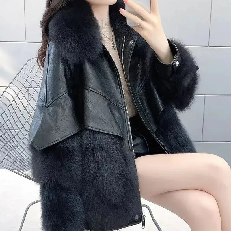 Winter Korean PU Leather Fox Hair Imitation Mid length jacket Thickened Women\'s Coat Fur Coat Women\'s Jacket Loose Coat E3573