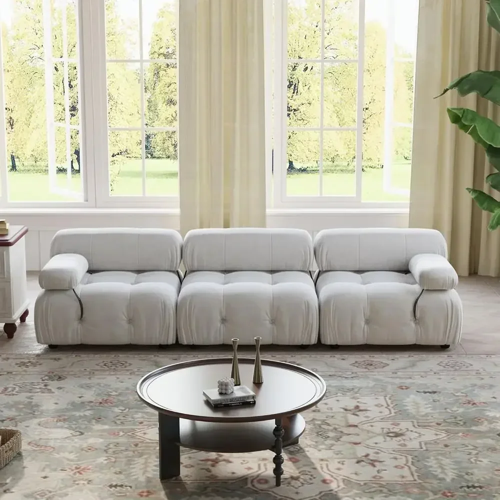 

103.95 Velvet 3-Seater Convertible Sofa, Modern Minimalist Living Room Sectional Couch, Beige