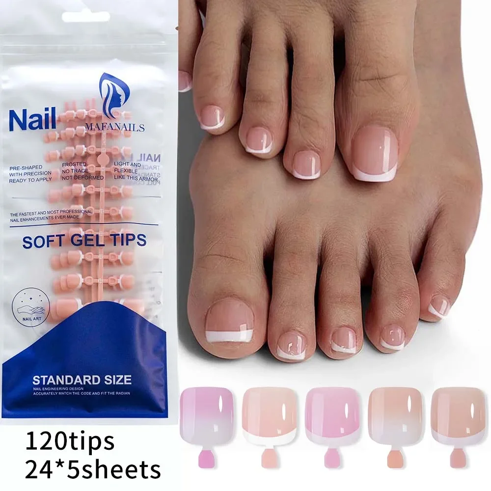 

120pcs French Fake Press on Toenails Wearable Gradient White Pink Nude Short Square Toe Nails DIY Full Cover Foot Nails Tips