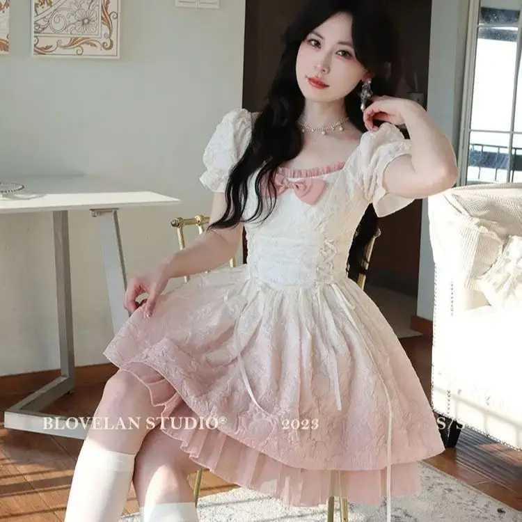 

Fairy Bubble Sleeve Lolita Mini Dress Women Pink Bow Princess Sweet Party Cute Dress A-Line Elegant Fairy Dress 2024 Spring New