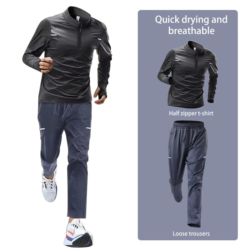 Conjunto de agasalho masculino de manga comprida de secagem rápida para corrida de outono |   Fitness Outdoor Manhã Jogging Sportswear com Calças de Treinamento