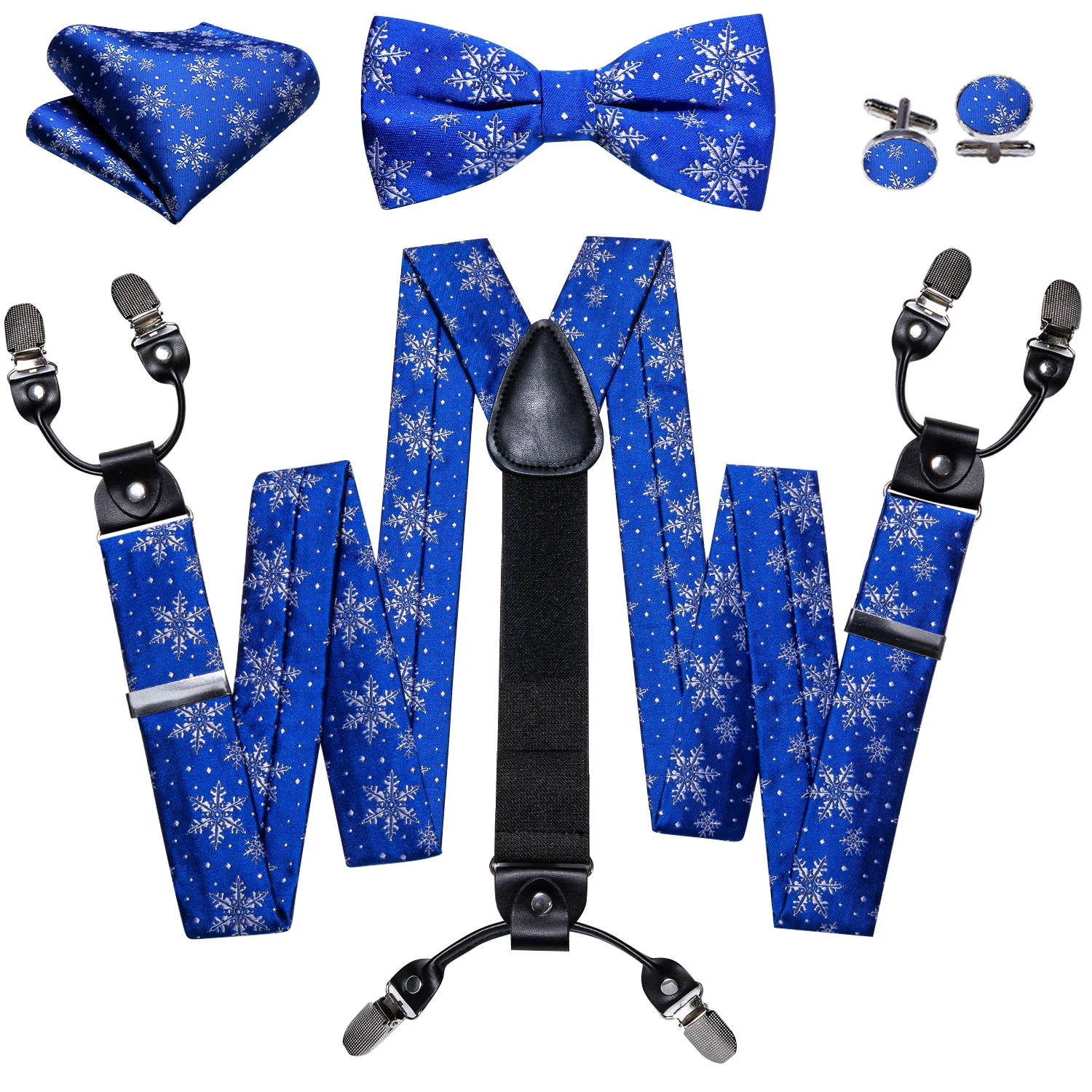 Zijden Verstelbare Kerstblauwe Bretels Voor Heren Met Voorgebonden Bowtie Manchetknopen Set Elastische Y-Back Sneeuwvlok Brace Voor Mannenfeest