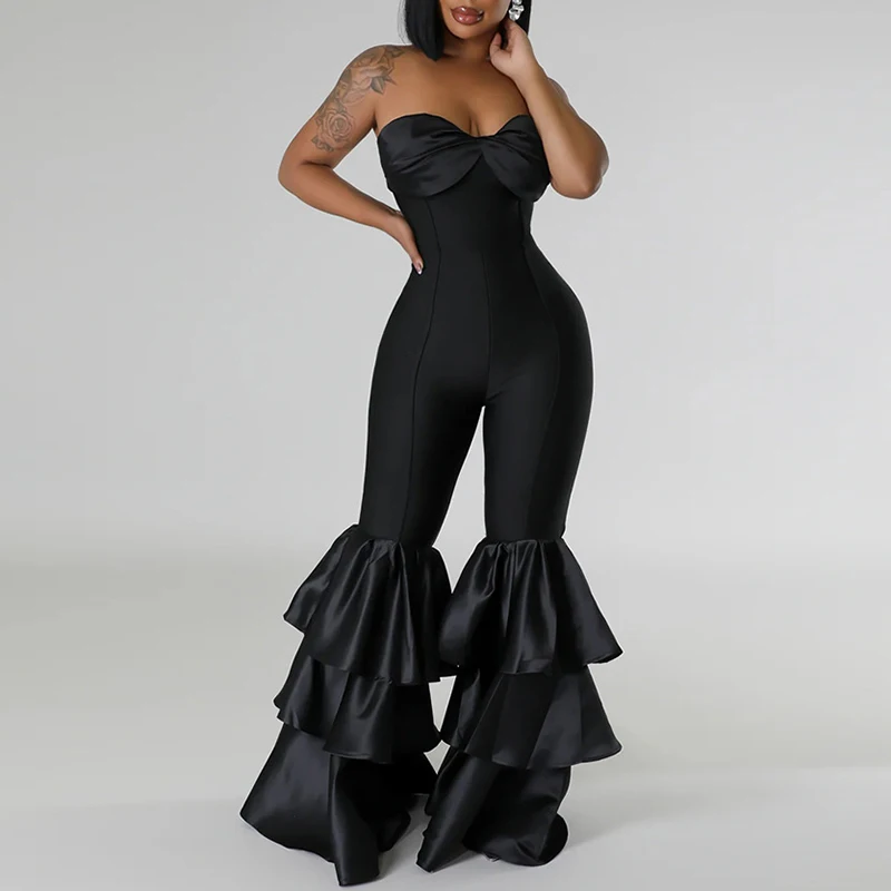 Dame sexy strapless effen kleur hoge taille jumpsuits kantoor elegante ruche slanke romper mode mouwloze flare broek playsuit