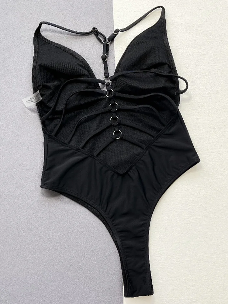 Bañador de una pieza para mujer, traje de baño de vendaje negro, Bikinis sexis de verano, bañador de Color sólido