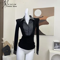 Cotton Fake Two Women's Long Black Tops 2024 Spring Autumn New Coat Korean Loose Long Sleeve T-Shirt Female Shirt Fashion Jacket