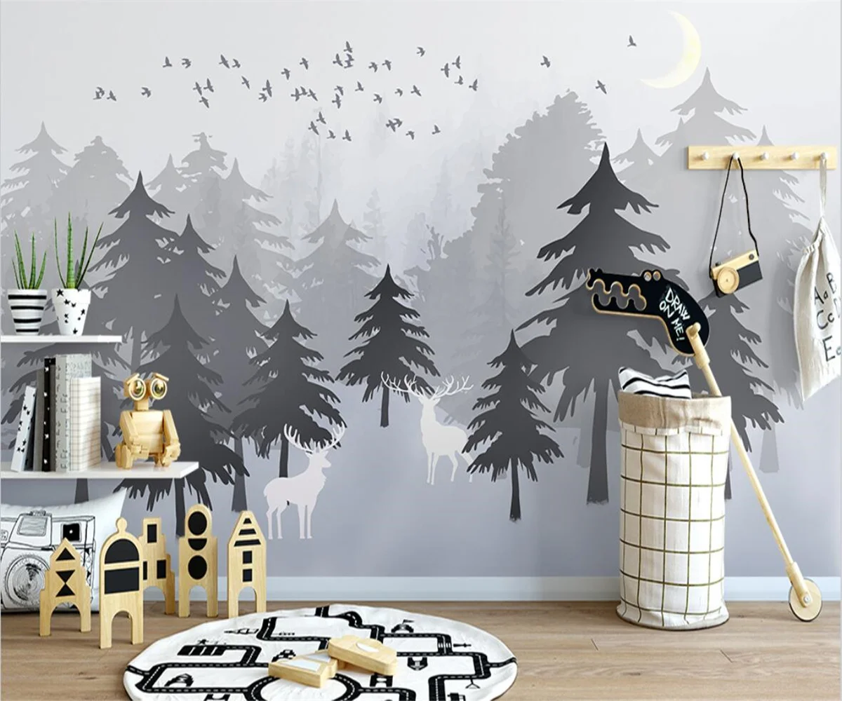 wallpapers wall stickers Hand painted Nordic forest elk decorative painting sofa TV background wall papers home decor