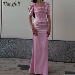 Thinyfull Mermaid Satin Prom Dresses Square Collar Short Sleeves Ruched Evening Party Gown Dubai Long Special Occasion Dress