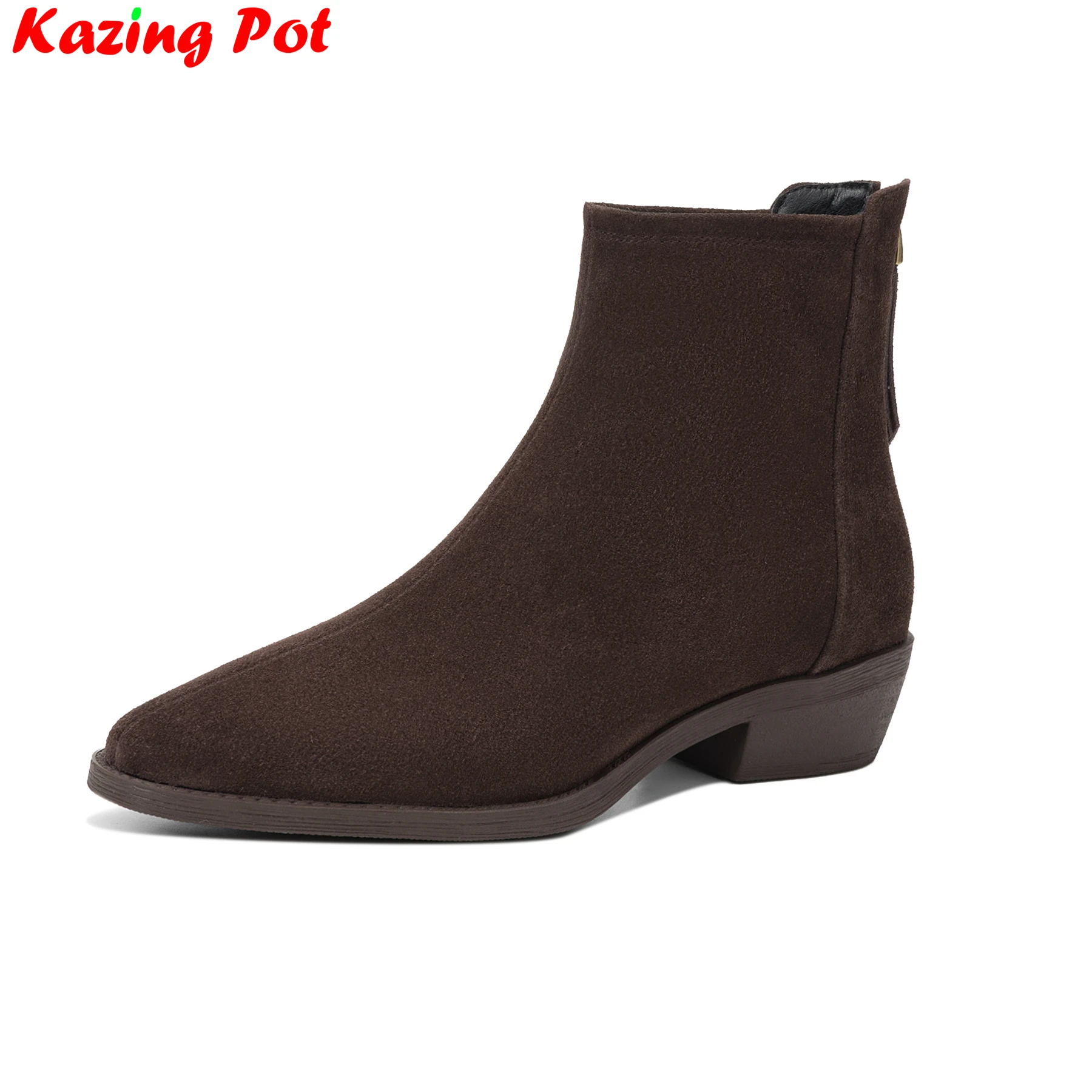 Big Size 34-42 Cow Suede Round Toe Med Heels Modern Chelsea Boots Retro Cold-resistant Warm Winter Shoes Back Zipper Ankle Boots