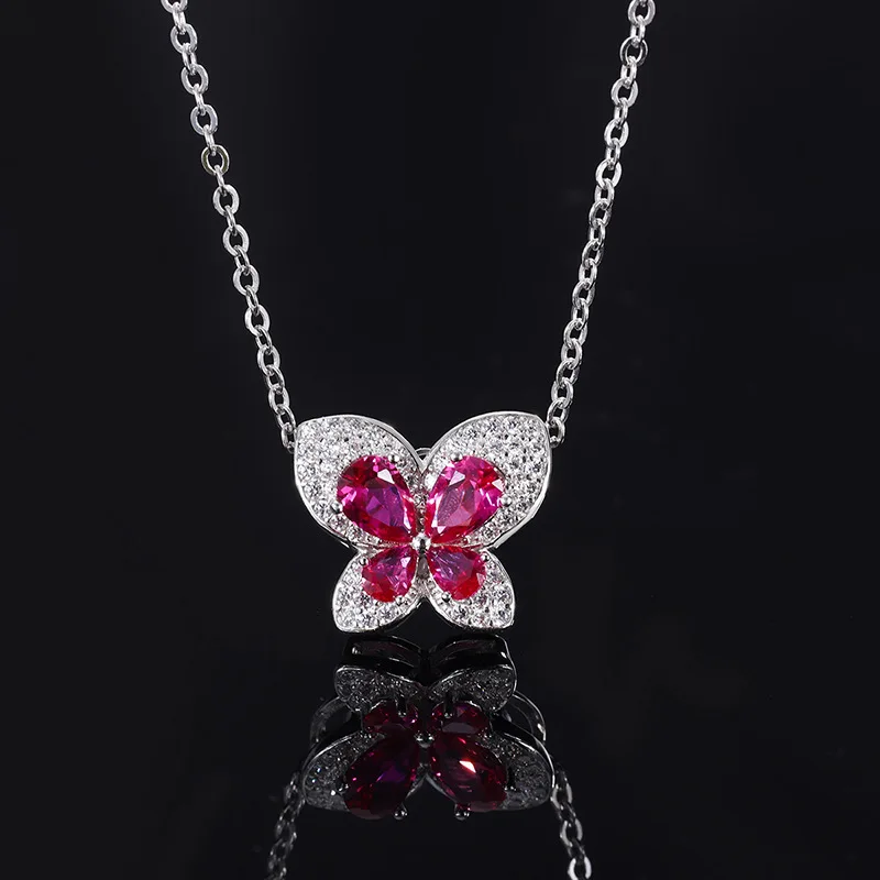 New S925 Full body Silver Pigeon Blood Ruby Full Diamond Inlaid Butterfly Necklace Pendant for Women