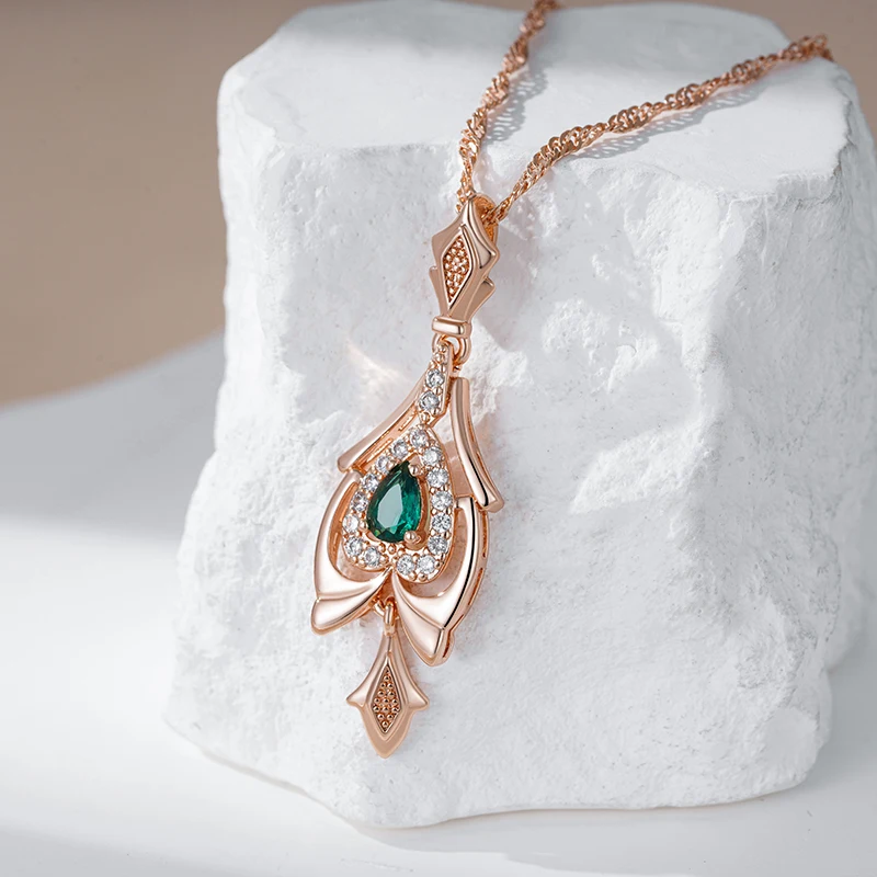 Kinel Hot 585 Rose Gold Color Pendant Necklace for Women Crystal Flower Green Natural Zircon Accessories Daily Vintage Jewelry