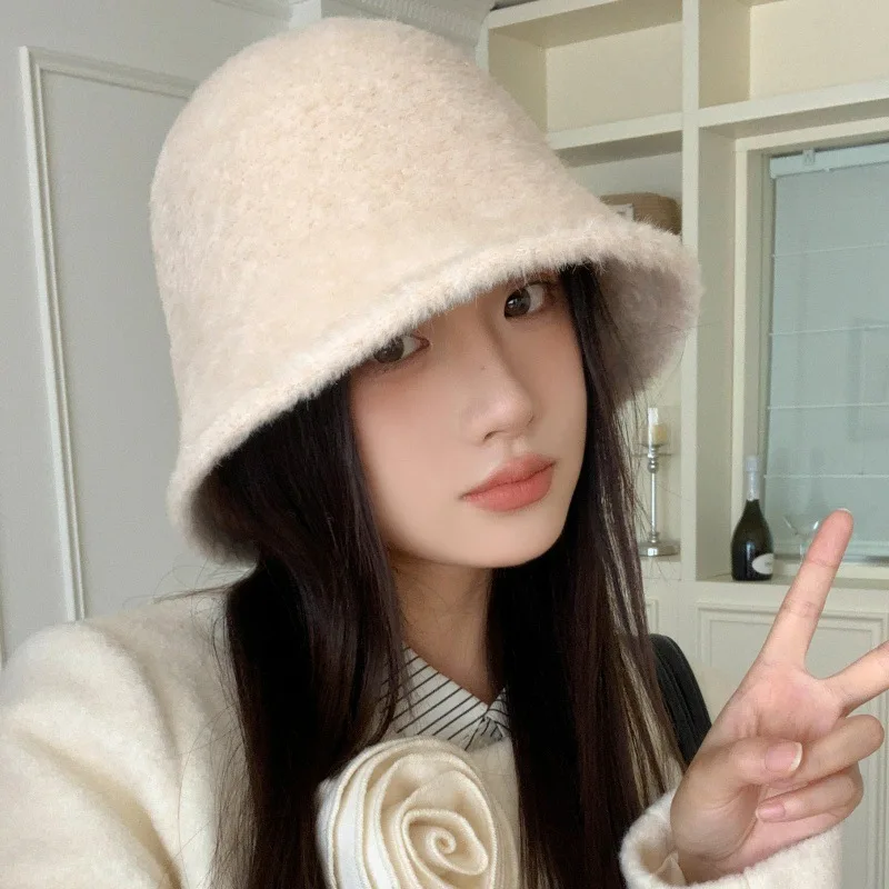 Korean Style Faux Mink Fur Bucket Hat for Big Head Face Slimming Sun Protection Water Bucket Cap