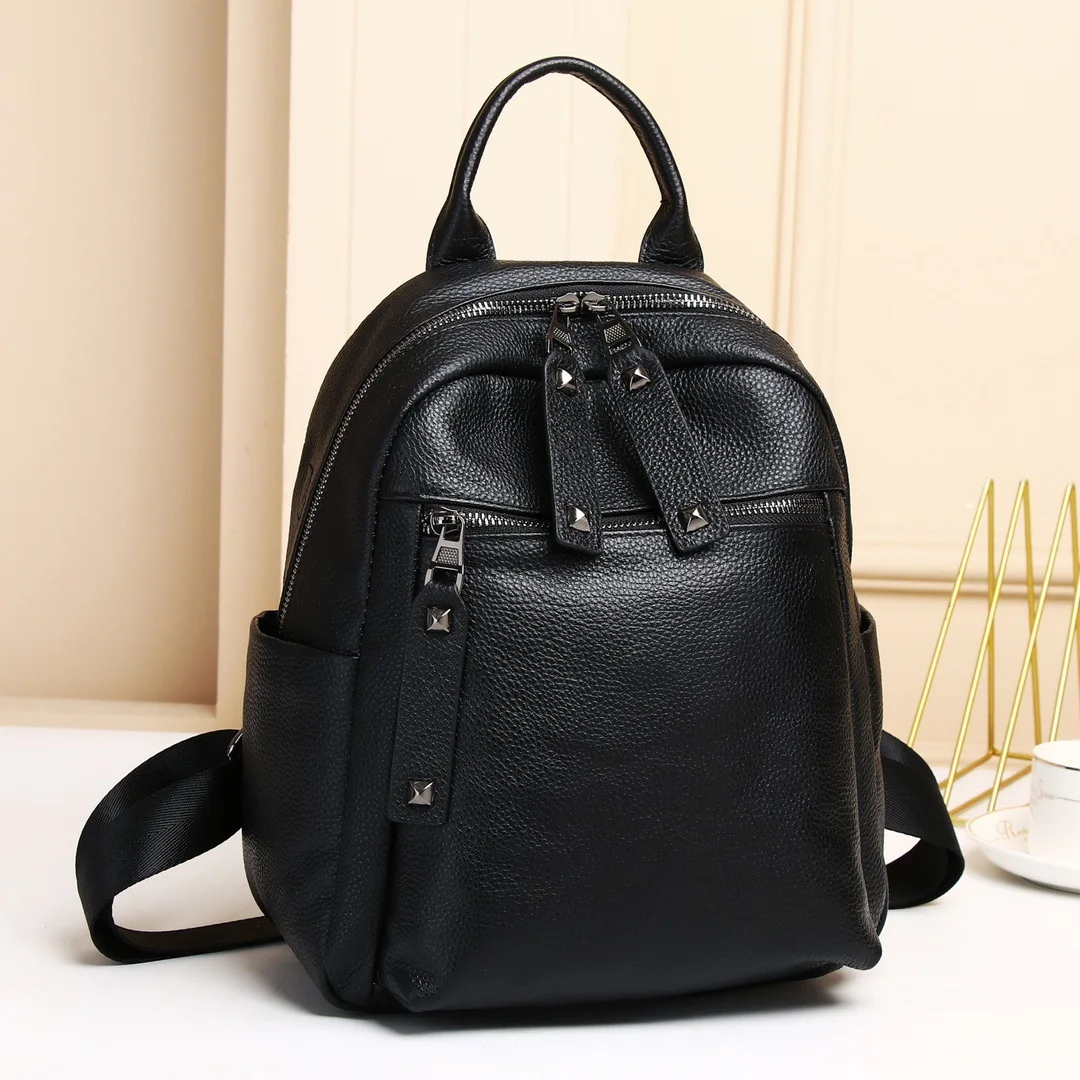 Casual Genuine Leather Backpack Black Rivets Cow Leather Bagpack Anti-theft Ladies Travel Shoulder Bag