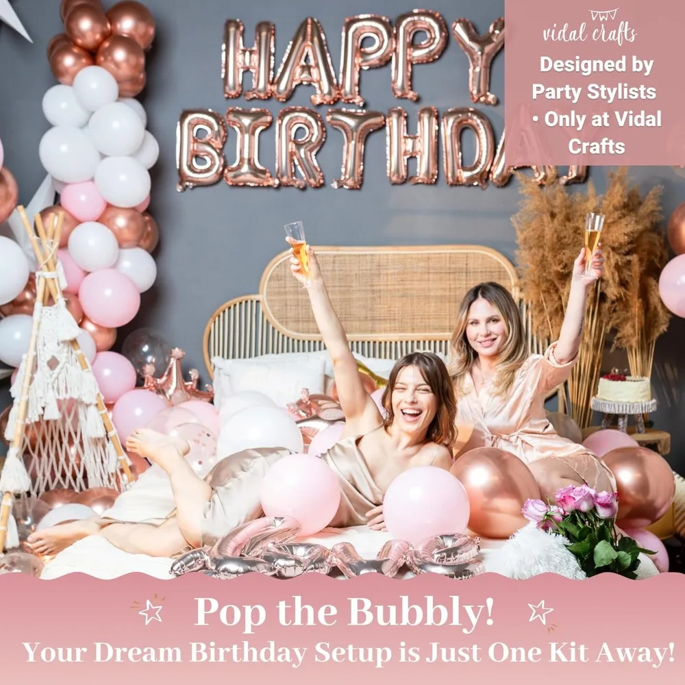 VIDAL CRAFTS 7 قطعة من زينة عيد الميلاد باللون الذهبي الوردي - خلفية للحفلات مع بالونات من اللاتكس والرقائق والقصاصات، وحول عيد ميلاد سعيد