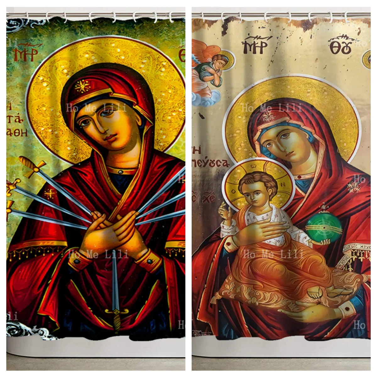 Sorrowful Virgin Mary Seven Swords Greek Christian Orthodox Icon The Mother Of God Shower Curtain For Bathroom Decor