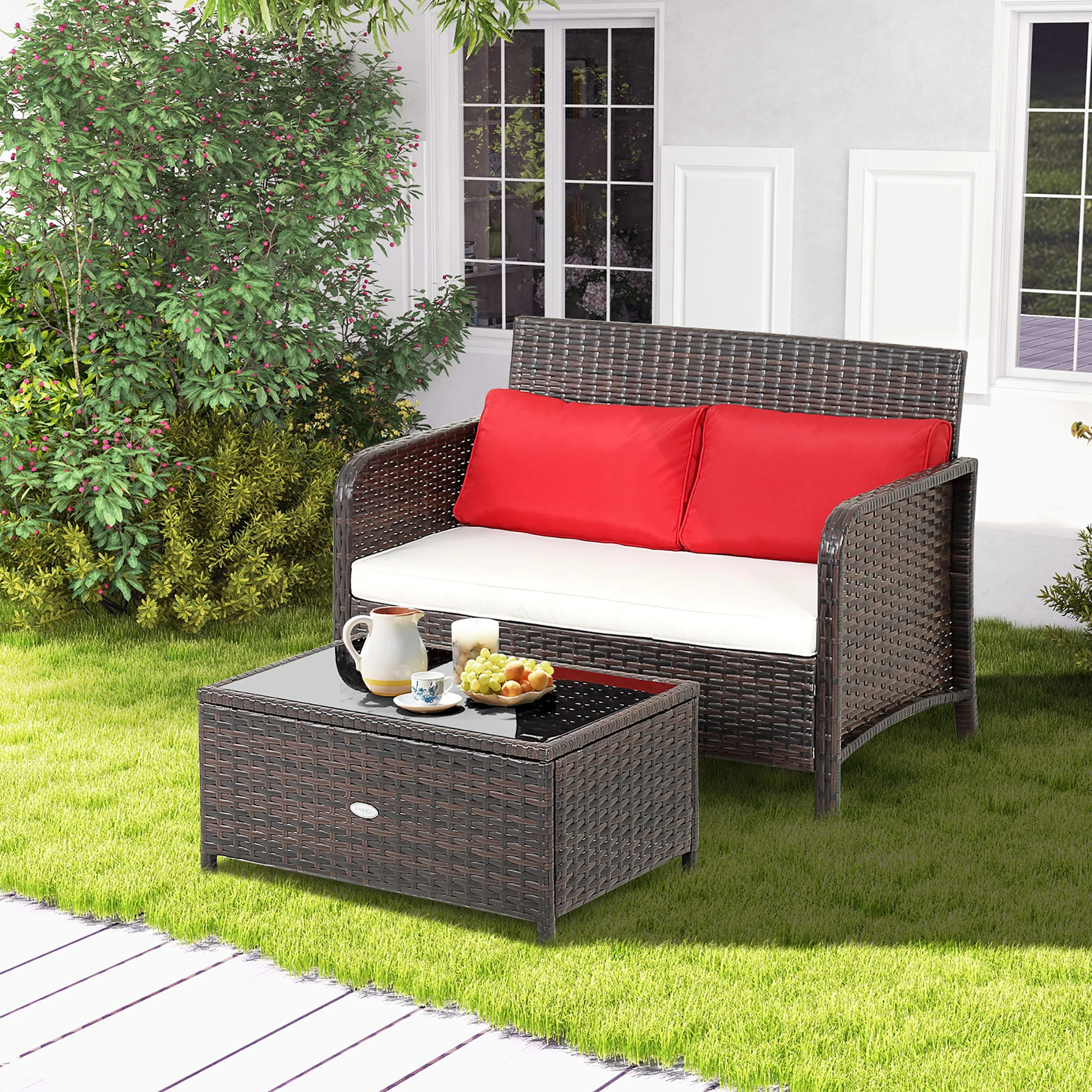 2PCS Patio Rattan Wicker Love-seat Coffee Table Set Cushioned Bench Garden Deck