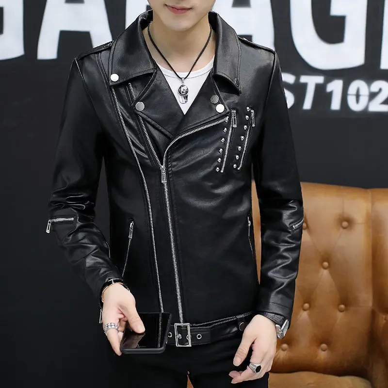 2024 Spring and Autumn Men\'s Leather Jacket Slim Fit Functional Personality Short Coat