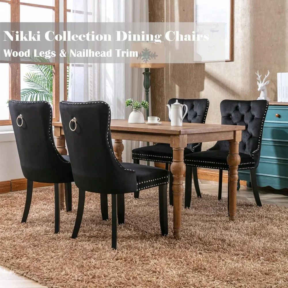 Conjunto de 4 cadeiras de jantar de veludo preto, cadeiras estofadas para sala de jantar com acabamento em anel e pernas de madeira maciça, cadeiras de jantar modernas