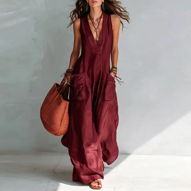 Greenora Solid Sleeveless Deep V Neck Jumpsuit Women Loose Big Pockets Breathable Summer Travel Bohemian Casual Wide Leg One Pie