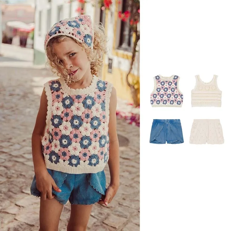 Pre-sale(ship March) 2025 LM Summer Shirts Girls Hook Flower Hollow Out Shirts & Shorts Set Toddler Girls Clothes Cowboy Shorts