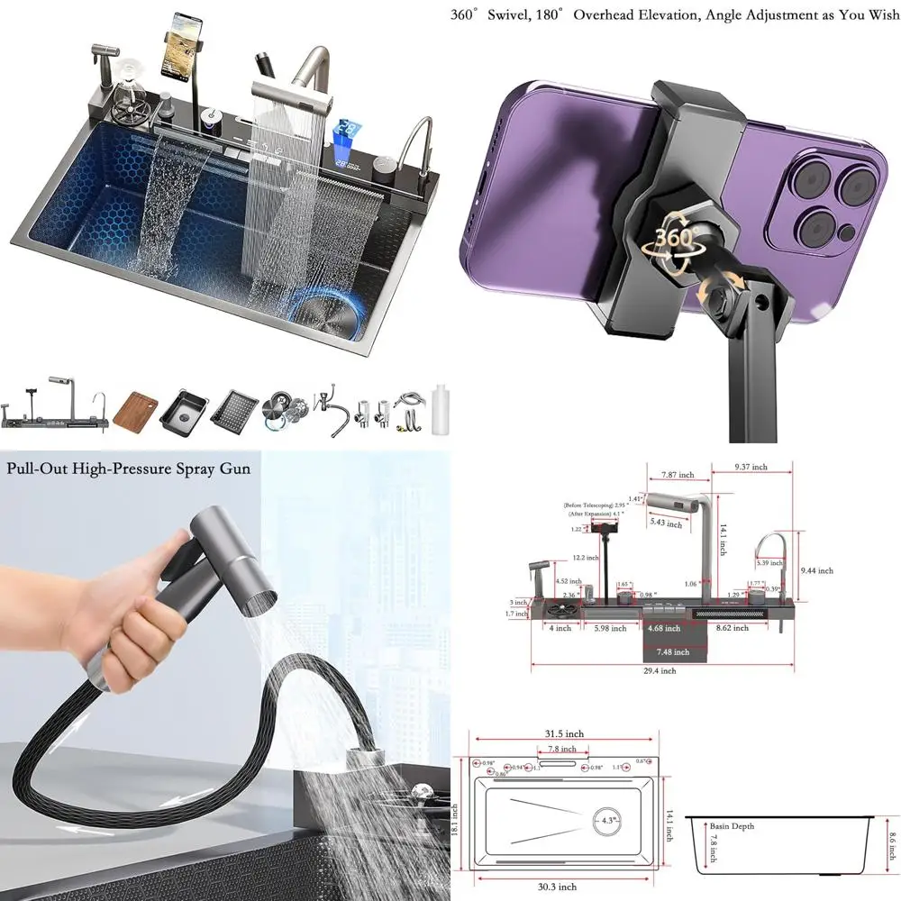 

Stainless Steel Smart Kitchen Sink with Digital Display and Dual Waterfall Faucet, Including Pull-Out Spray