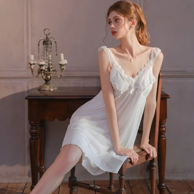 French Summer Sweet Cute Camisole Backless Sleep Dress Silky Smooth Breathable Lace Trim Nightgown with Padded Bra