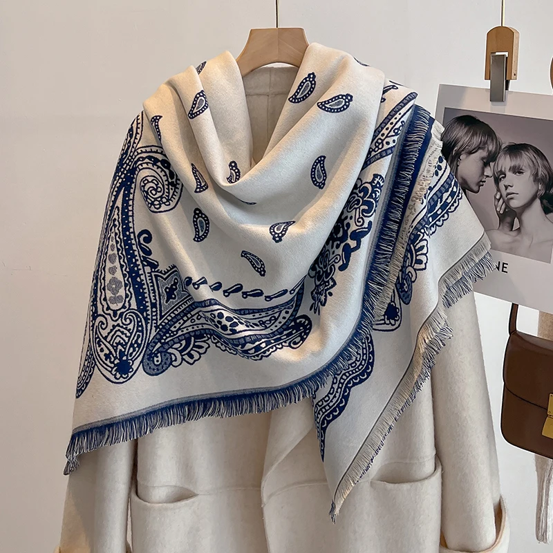 New Women's Fashion Faux Cashmere Winter Pashmina Vintage Print Tassels Thick Warm Two-Sided Scarf Outdoor Shawls Wraps Foulard