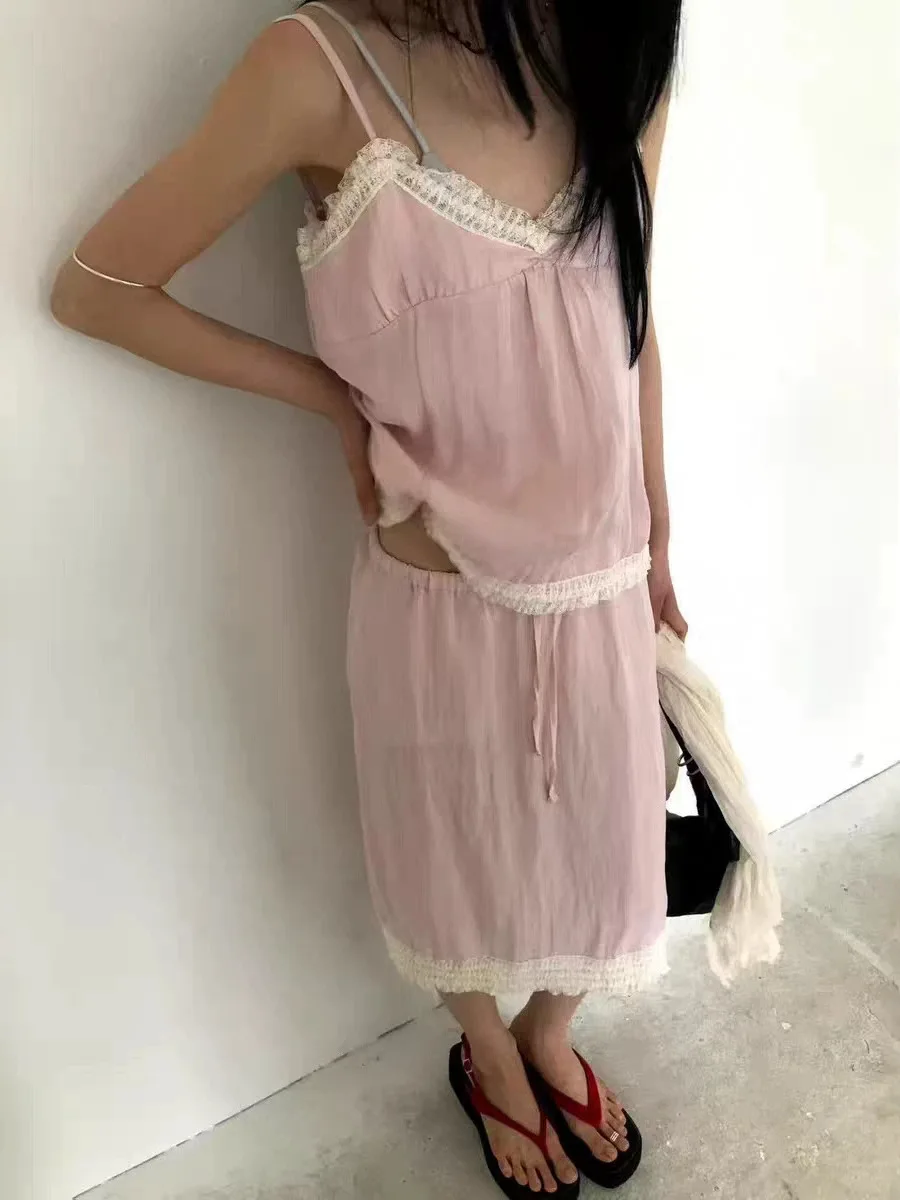 

Korean Style Lace Trim Halter Neck Skirt Two Piece Set Women's Summer Fashion Soft And Gentle High Waist V Neck Dress