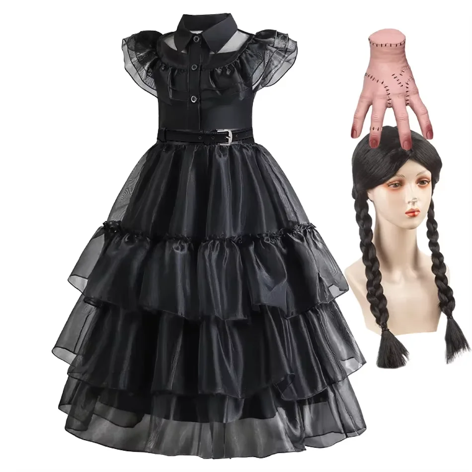

2025 Girls Dress New Movie Addems Halloween Cosplay Family Costume Gothic Fantasia Vestidos Party Gown Dress