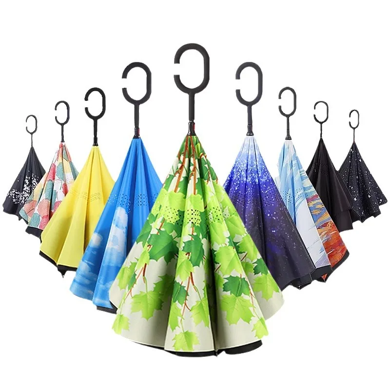 20pcs Folding Reverse Umbrella 52 Styles Double Layer Inverted Long Windproof Rain Car C-Hook Handle Umbrellas