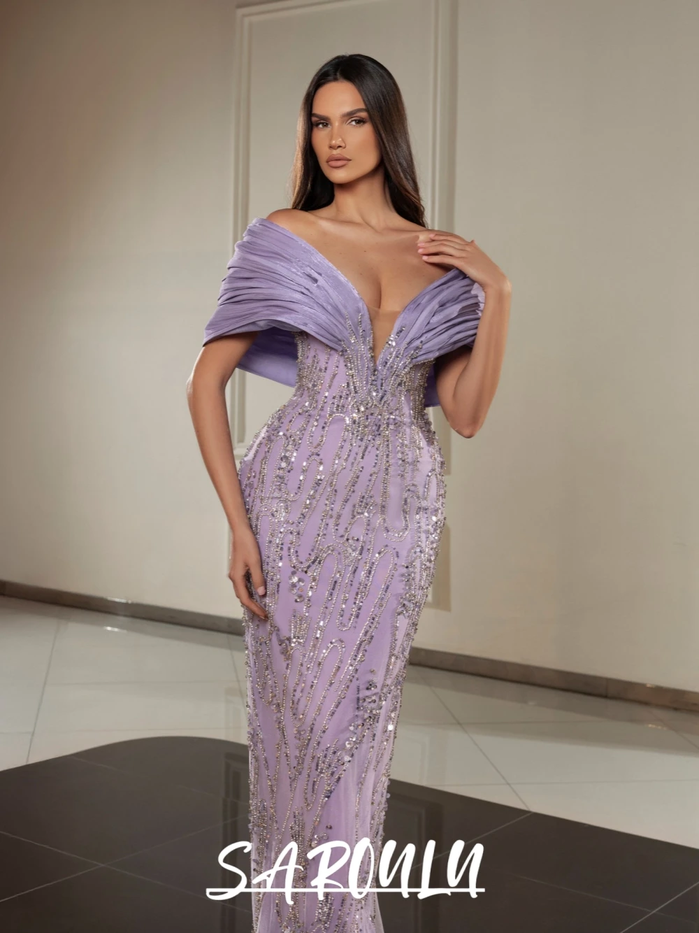 

Dramatic Off-the-shoulder Neckline Glitter Prom Dress Customized Straight Popular Formal Occasions Women Gown For Evening