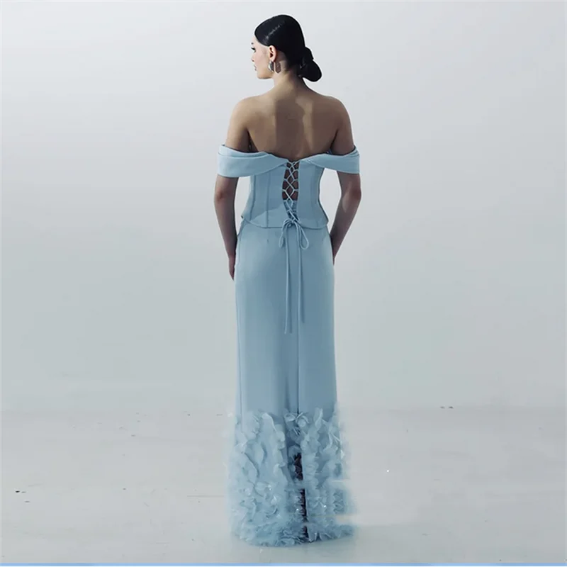 Abito da sera azzurro cielo Abito da ballo con corsetto arabo personalizzato con spalle scoperte e perline di cristallo lungo fino al pavimento