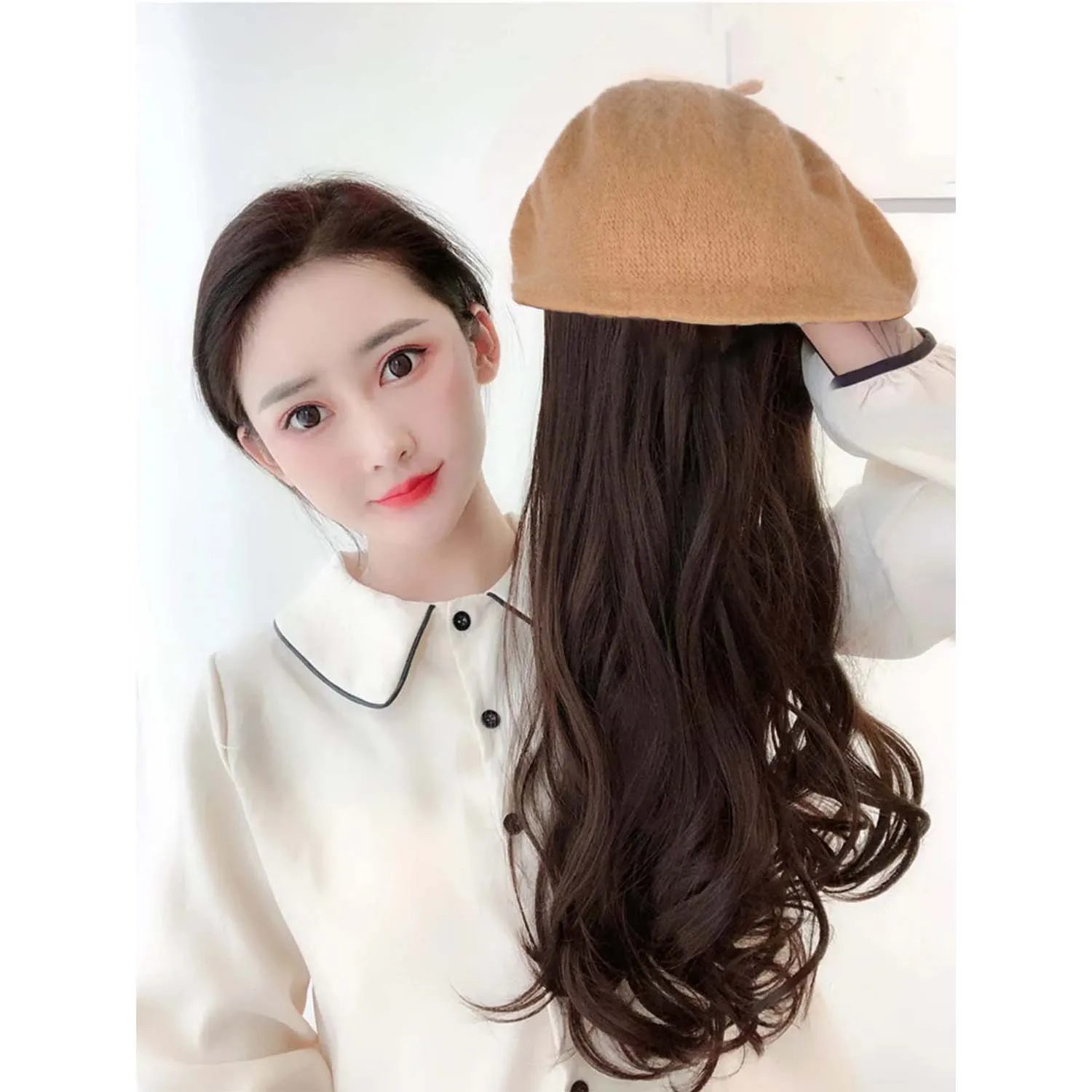 Synthetic Hat Wig Long Curly Wave Wig Black Brown Beret Wig for Women Daily Party Naturally Hat Hair Extensions Wig
