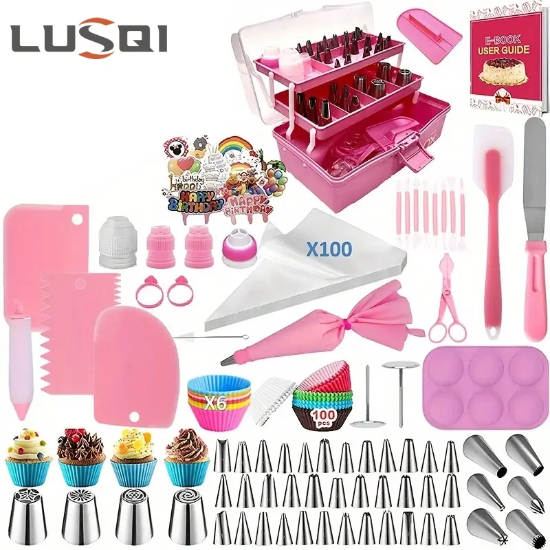 LUSQI 337Pcs Cake Decorating Tools Piping Bags and  Rotating Cake Turntable Stand Set Spatula Set DIY Fondant Pastry Baking Tool