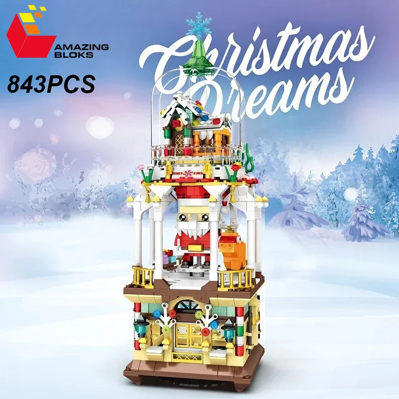 

843PCS Christmas Fantasy Castle Building Blocks Hand Cranking Rotatable Santa Claus House Bricks Toys Kids Creative Xmas Gifts