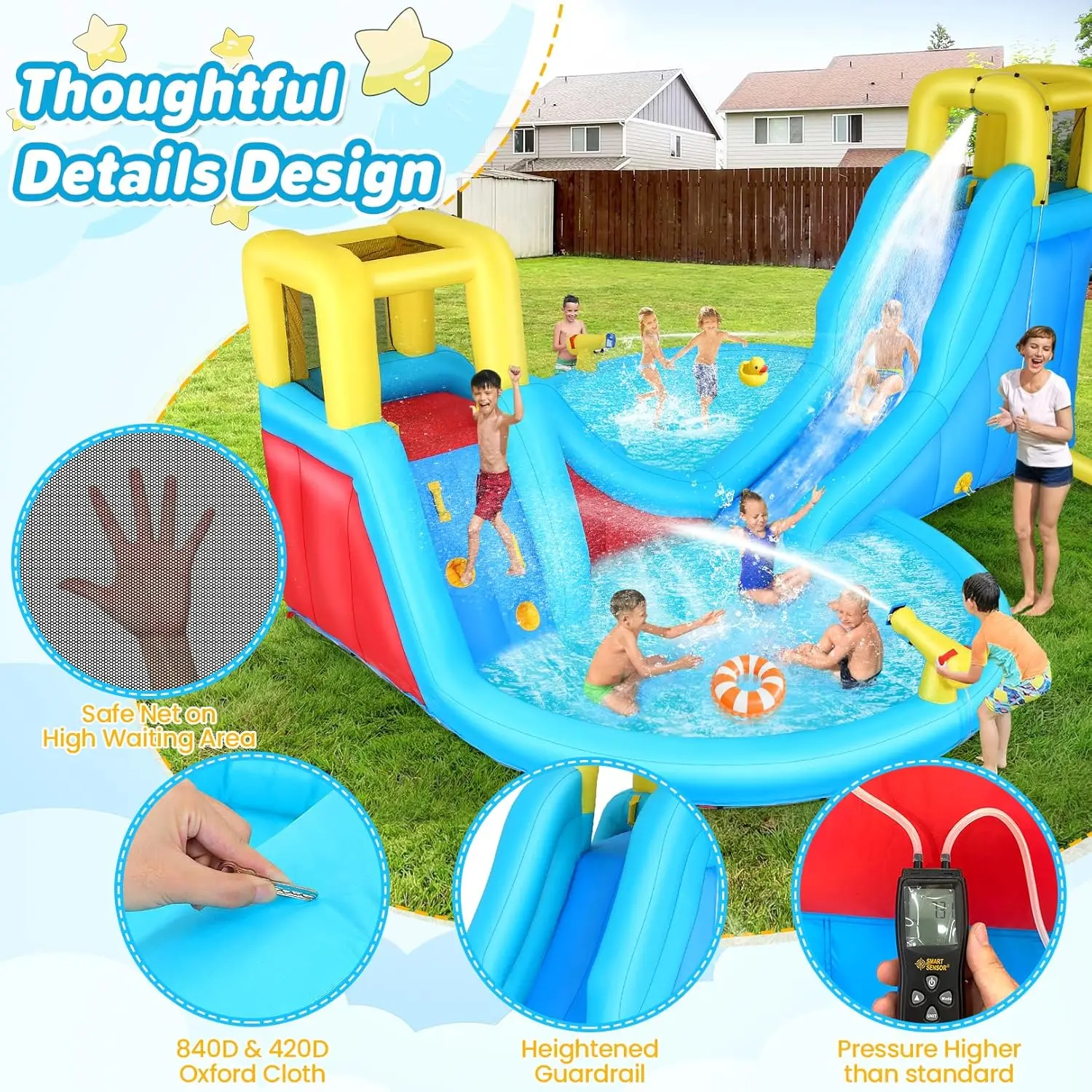Große aufblasbare Wasserrutsche – Duell-Wasser-Bounce-Haus, aufblasbarer Wasserrutschenpark mit Spritzbecken, Kletterwand, Korbrand, Wasserkanne
