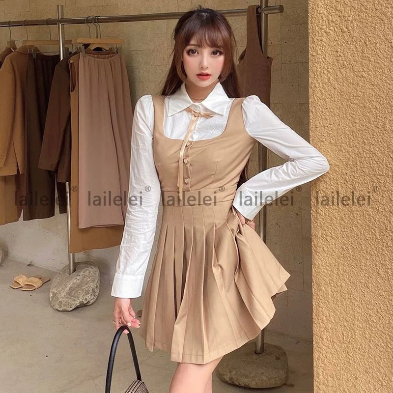 

Pleated Mini Shirt Dress Fashion Patchwork Waist Puff Sleeve Long Sleeve Dress Y2k Cute 2024 Spring Autumn Vintage Streetwears