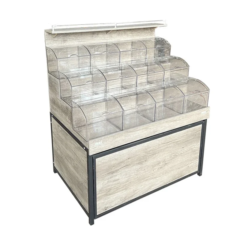 

Оптовая продажа, стеллаж Meicheng, деревянная подставка для объемных продуктов, индивидуальные стеллажи для орехов, зерен, дисплей