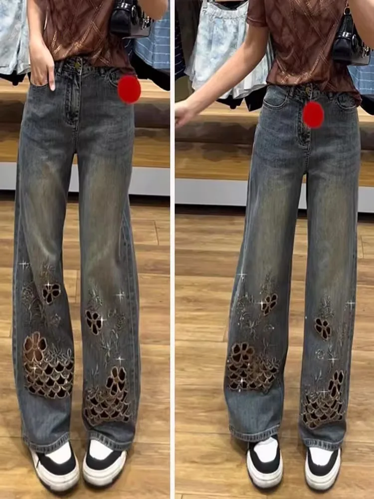 

Summer Thin Denim Jeans Women's Design Sense Hollow Embroidery Rhinestone High Waist Elastic Slim Straight Long Pants
